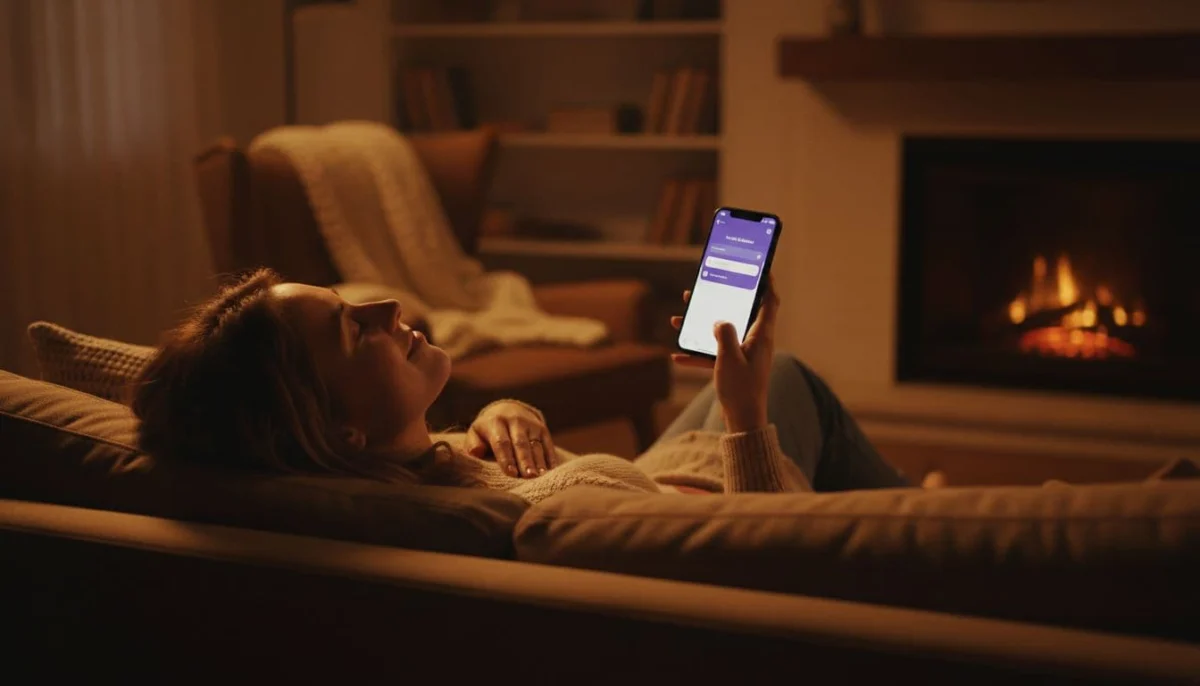 A single person sits relaxed on a couch in a cozy living room, holding a smartphone with the Viber app open but no notifications, appearing peaceful and relieved after blocking someone, in cinematic style with warm tones and dramatic lighting.
