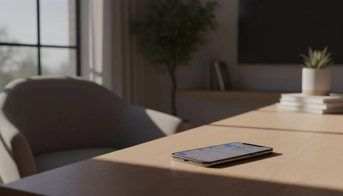 iPhone 16 on clean desk shows blurred iCloud settings screen in modern home office.