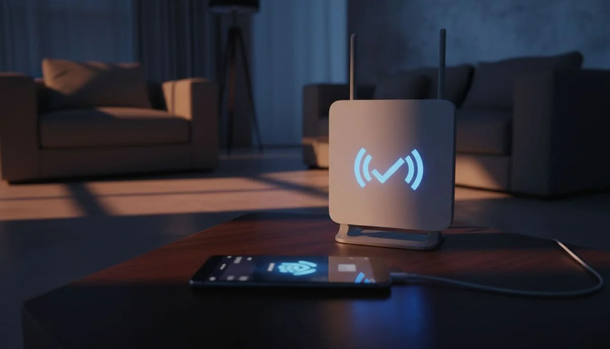 iPhone charging on table shows blurred WiFi settings screen, stable router in modern living room background.