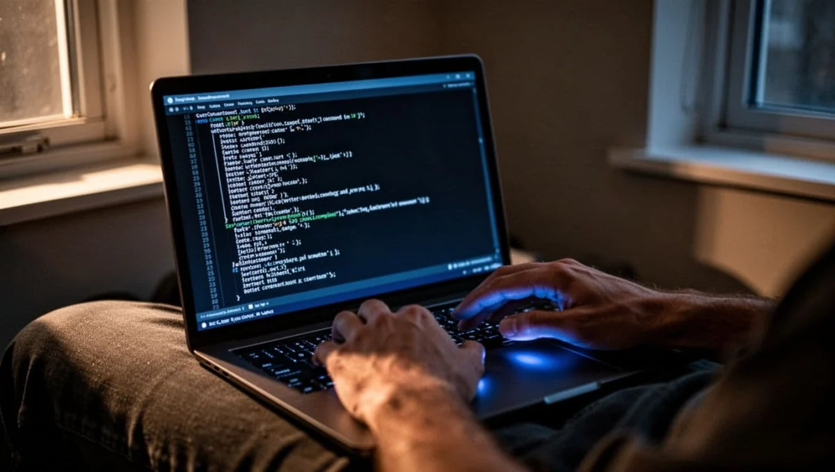 Close-up of Windows Command Prompt on a modern laptop screen in a dimly lit room, with relaxed hands on the keyboard illuminated by blue glow, cinematic style.
