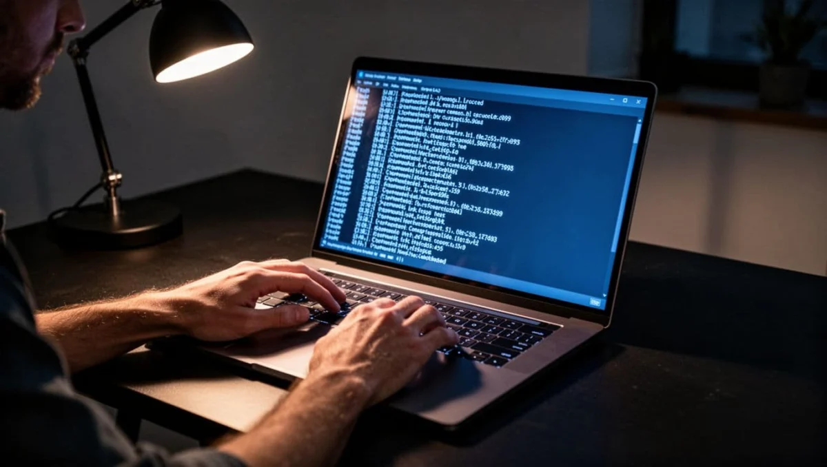Modern laptop screen displaying Windows CMD executing ping google.com with successful reply times, relaxed hands on illuminated keyboard in a dimly lit workspace with dramatic shadows from desk lamp.