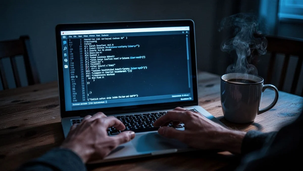 Laptop screen shows Windows CMD with ipconfig /all output displaying network details, relaxed hands over keys in cozy low-light room with coffee mug, cinematic blue tones.