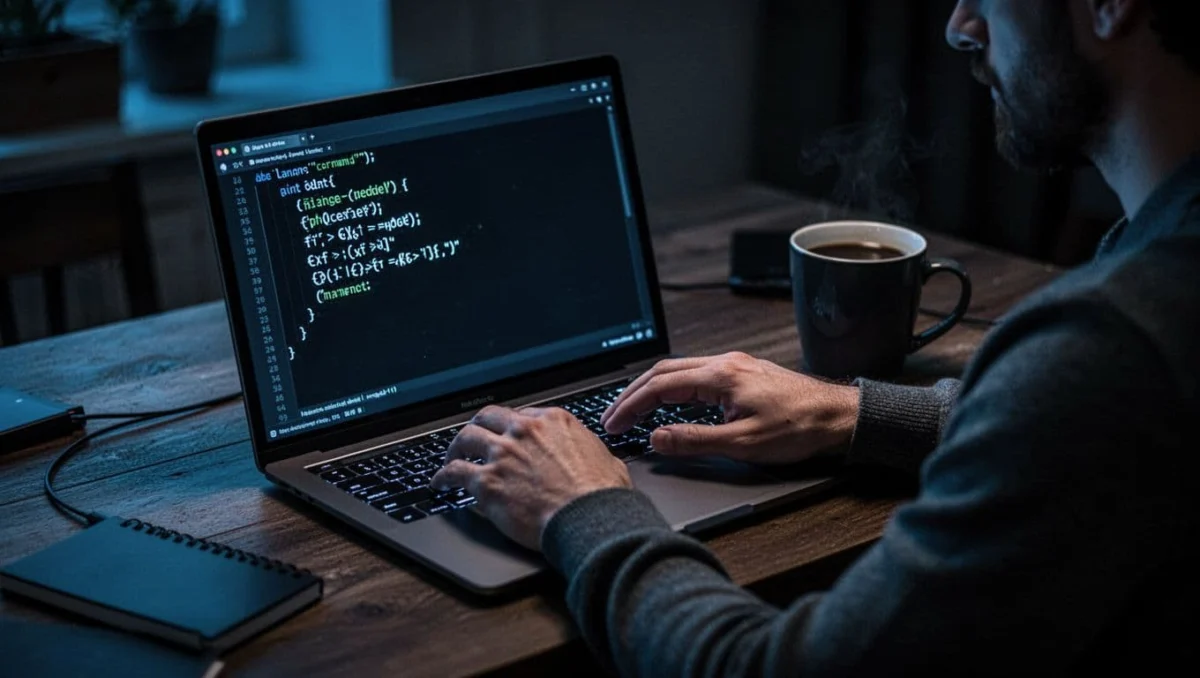 Modern laptop screen displaying Windows CMD executing tasklist command with running processes list, hands on illuminated keyboard in dimly lit cozy workspace with coffee mug, cinematic dramatic blue-toned lighting.