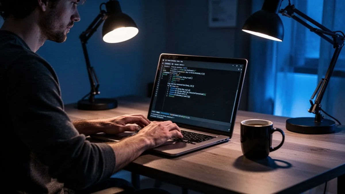 Laptop keyboard and screen displaying Windows Command Prompt with taskkill command successfully terminating a process, hands hovering over keys in a low-light room with desk lamp shadows and a coffee mug, rendered in cinematic style with dramatic blue lighting and strong contrast.
