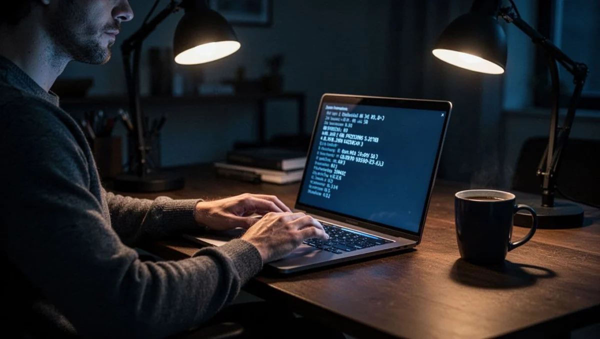 Modern laptop screen displaying Windows CMD window executing systeminfo command with partial system details like OS name, RAM, and BIOS visible. Relaxed hands hover over illuminated keyboard in dimly lit cozy workspace with desk lamp shadows and coffee mug nearby, cinematic style with strong contrast and dramatic blue-toned lighting.