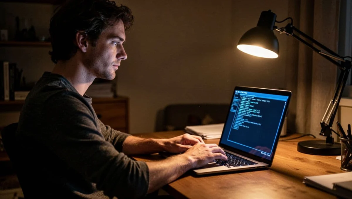 Laptop screen displays Windows Command Prompt running dxdiag command with implied hardware info output. Relaxed hands rest on keyboard in low-light room with warm desk lamp, dramatic shadows, blue screen glow, and cinematic contrast.