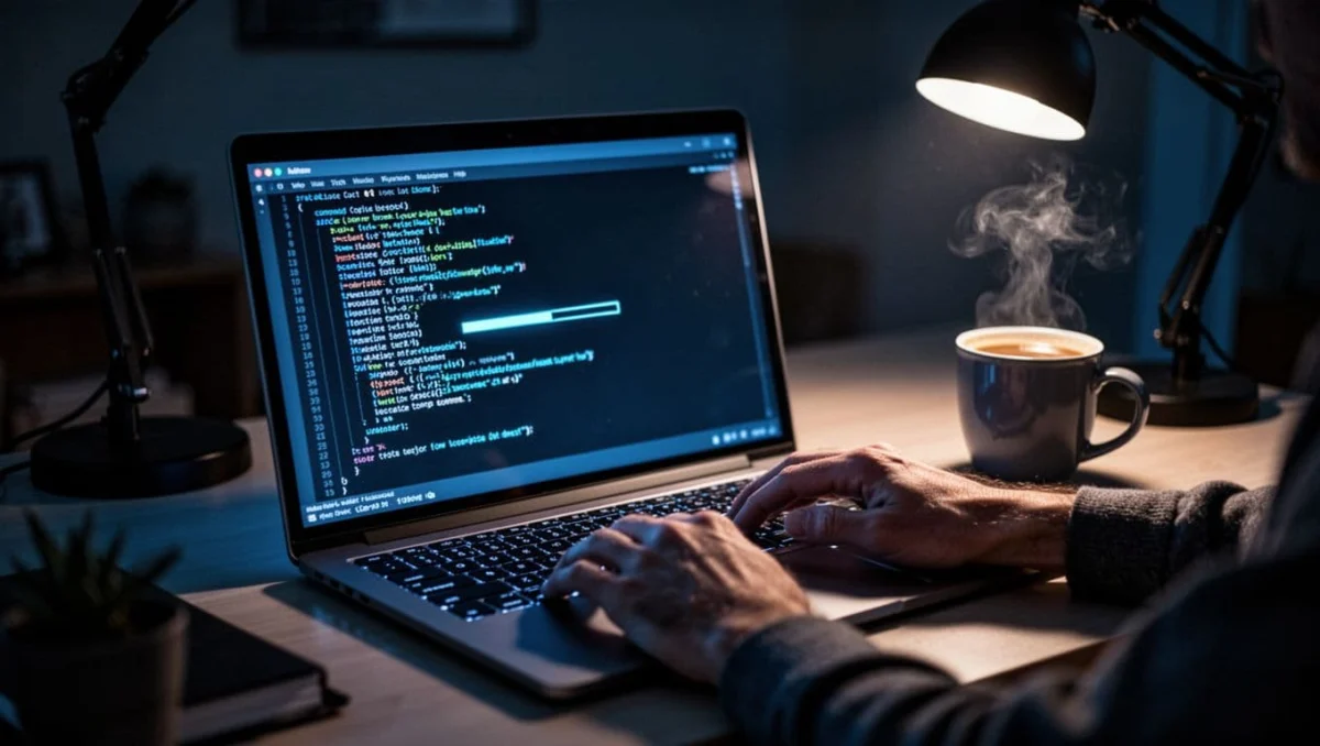 Modern laptop screen showing Windows CMD executing robocopy command with progress, relaxed hands on illuminated keyboard in dimly lit cozy workspace with desk lamp shadows and coffee mug, cinematic blue-toned lighting.