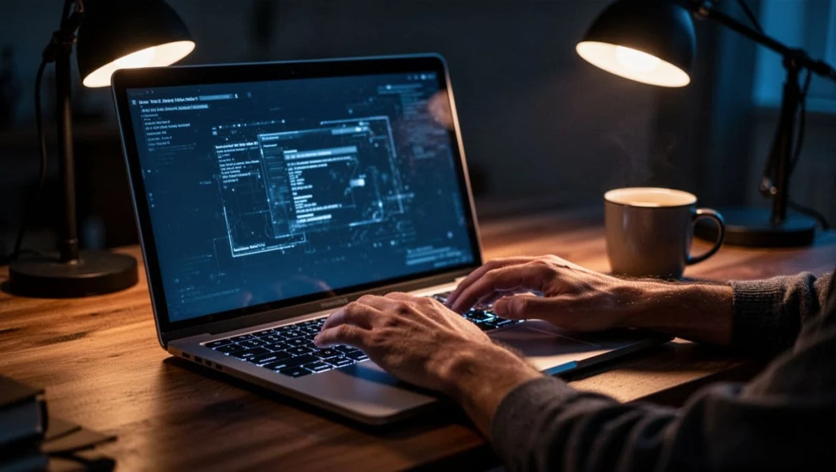 Modern laptop screen showing Windows CMD help command with a list of commands styled like an FAQ, relaxed hands on illuminated keyboard in a dimly lit cozy workspace with desk lamp shadows and coffee mug.