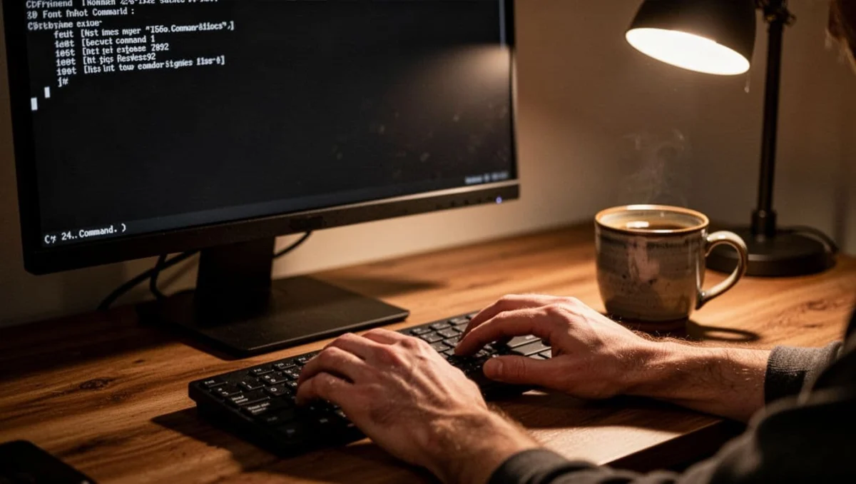 Desktop setup with black CMD window showing directory listing, coffee mug, hands on keyboard, warm desk lamp, cinematic contrast and shadows.