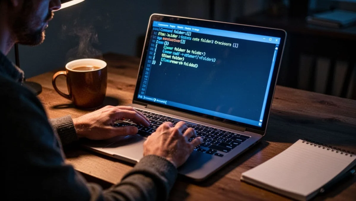 Modern laptop keyboard displaying Windows CMD window executing mkdir command, with screen glow illuminating relaxed hands typing. Cozy desk setup features coffee mug and notepad in soft focus background, cinematic style with dramatic lighting and blue tones.