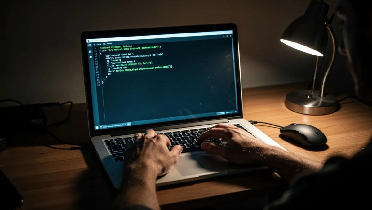 Laptop screen displays Windows CMD window with rmdir command successfully deleting an empty folder. Relaxed hands on keyboard in dimly lit desk with mouse, lamp, cinematic contrast, blue glow, and dramatic shadows.