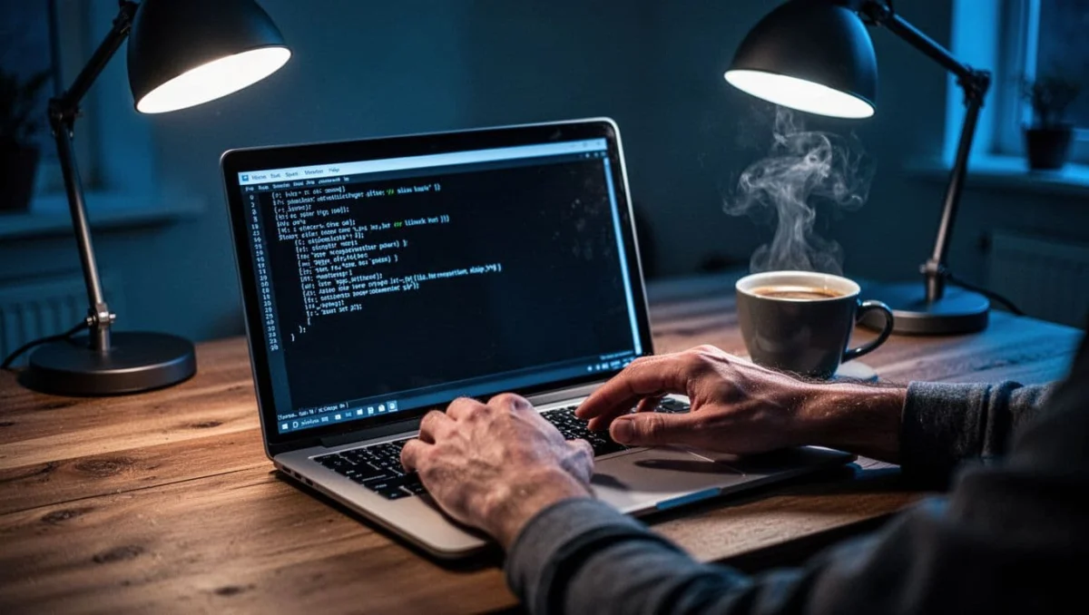 Laptop screen displaying Windows Command Prompt with REN command successfully renaming a file, hands hovering over keyboard in a low-light room with desk lamp shadows and coffee nearby, cinematic style with strong contrast and dramatic blue lighting.