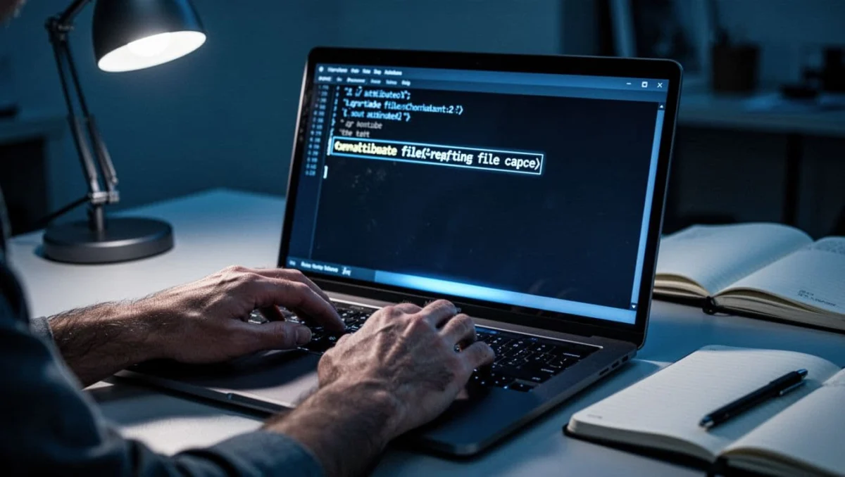 Modern laptop screen shows Windows CMD window with attrib command setting a file to hidden, featuring relaxed hands on a glowing blue keyboard in a dimly lit workspace.