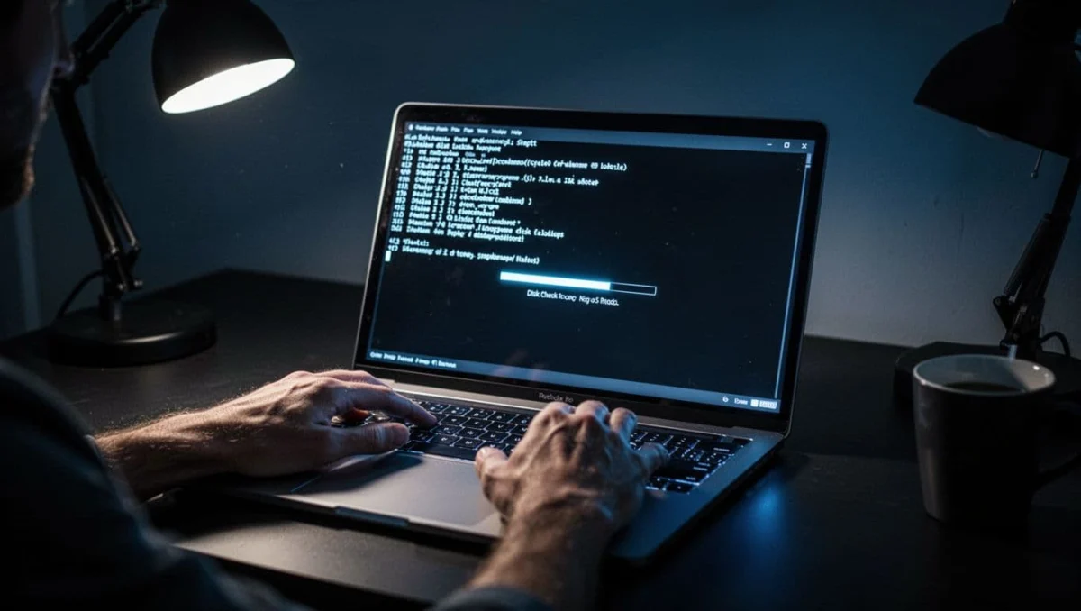Modern laptop screen shows Windows CMD running chkdsk on C: drive with scanning progress, hands on illuminated keyboard in dimly lit workspace with dramatic shadows and blue tones.