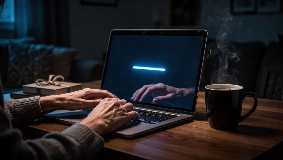 Laptop keyboard and screen showing Windows Command Prompt executing sfc /scannow scan with implied progress bar, hands hovering over keys in a cozy low-light room with coffee mug, cinematic style with dramatic lighting and blue glow.