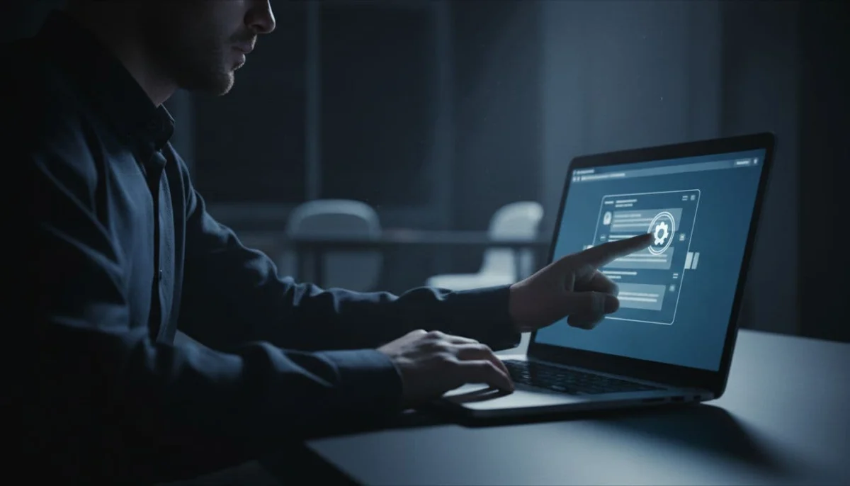 Person sits at dark desk with open laptop showing blurred ChatGPT page, finger points to top-right settings icon, screen provides lighting.