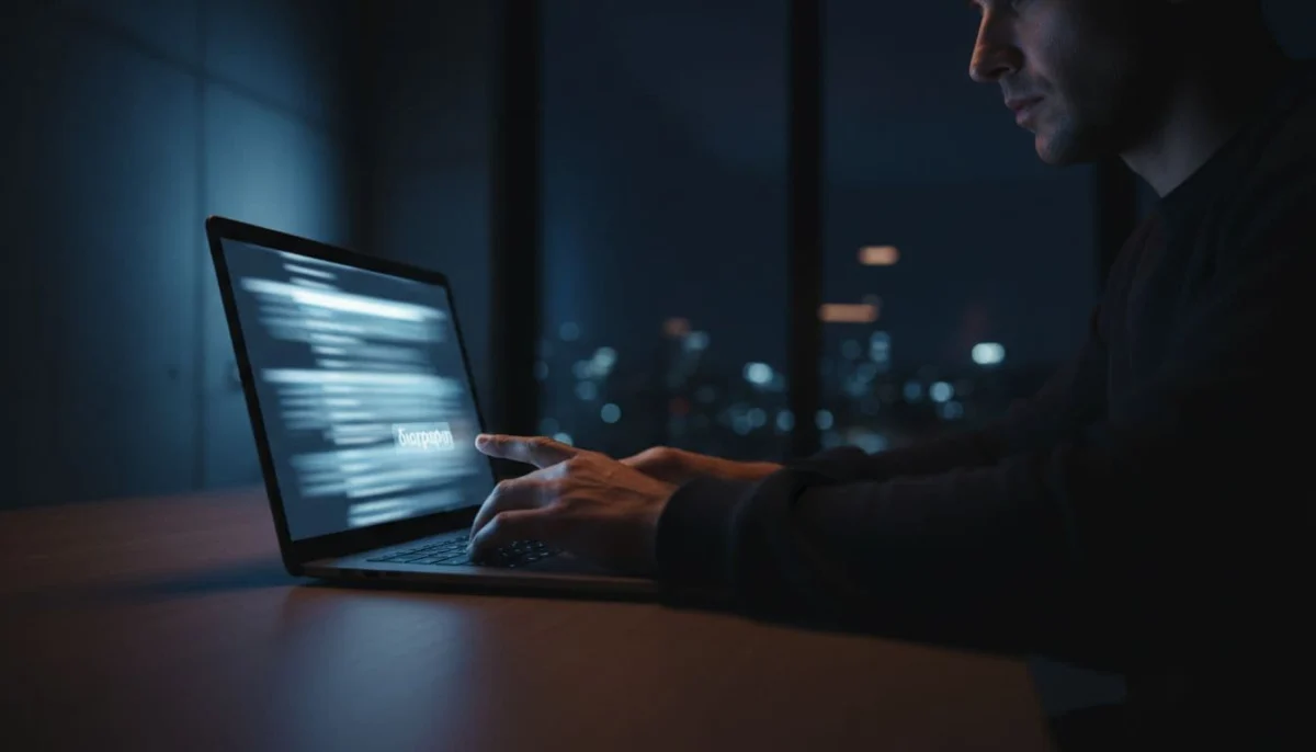 Person at laptop in dark modern workspace, finger hovering over delete option on blurred screen showing memories list.