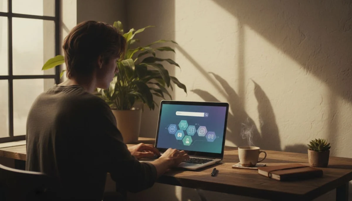 A young adult at a wooden desk in a cozy home office types a search query into ChatGPT on a laptop showing abstract web results icons, with coffee cup and notebook nearby, illuminated by natural window light in cinematic style with strong contrast and shadows.