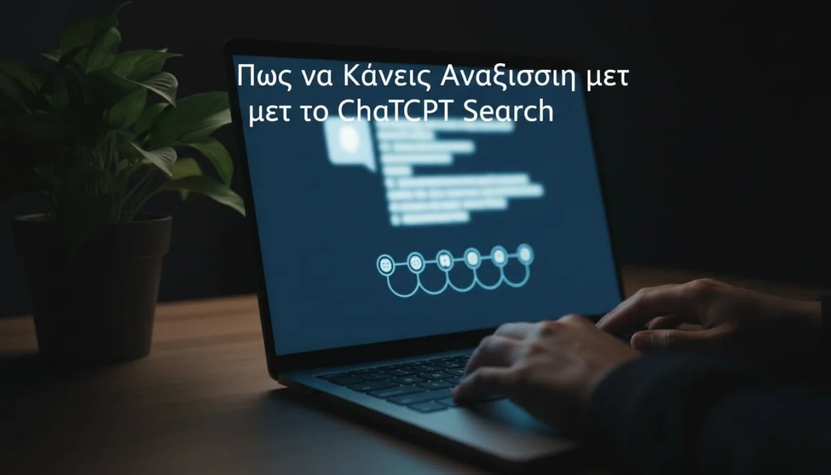 Close-up of a laptop screen displaying a ChatGPT conversation with real-time search results and source link icons, user's relaxed hands on the keyboard in foreground, modern desk with plant, dramatic cinematic lighting.