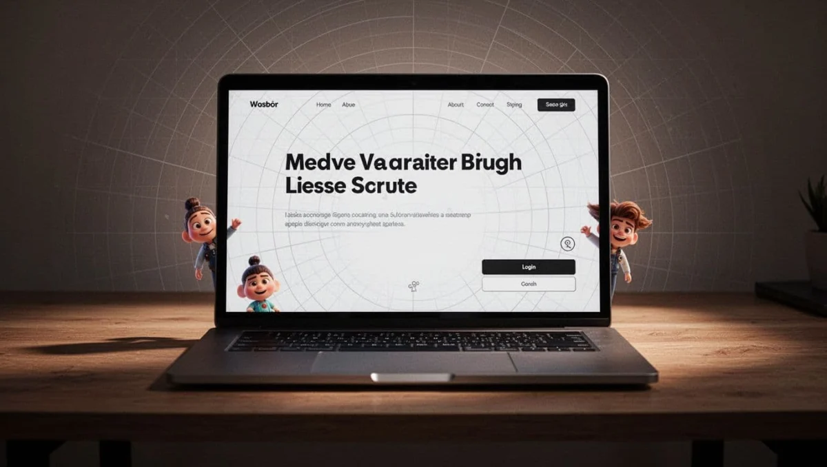 Laptop screen displaying a full-screen website hero section featuring a subtle grid pattern background, radial vignette, navigation bar, login button, and two small Pixar-style animated characters, with dramatic cinematic lighting on a wooden desk.