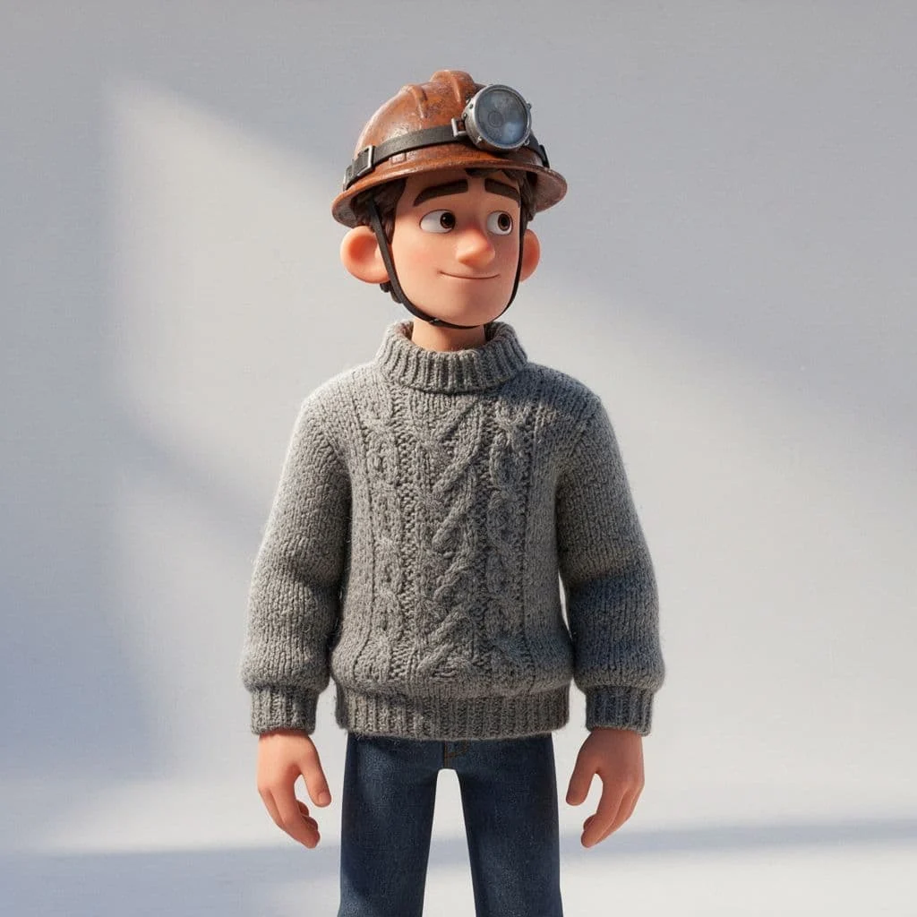 Pixar-style 3D male character wearing a miner's helmet and knitted jumper, standing relaxed on a solid white background with strong contrast, depth, and dramatic cinematic lighting.