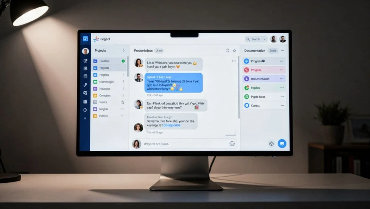 Modern desktop screen displaying Claude Cowork's core user interface with central chat window, left project folder sidebar, right tabs including Progress and Context, in a dark professional theme.