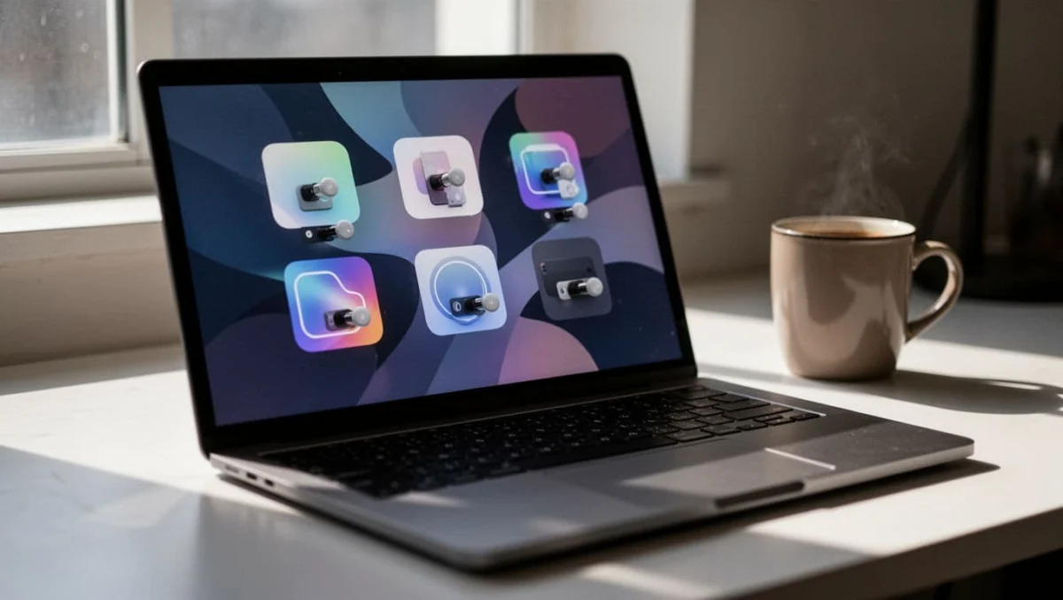 Close-up of laptop screen showing Claude Cowork connectors section with connected apps like Gmail, Calendar, Drive, GitHub and permission toggles blurred, on a clean desk with coffee mug, cinematic style.