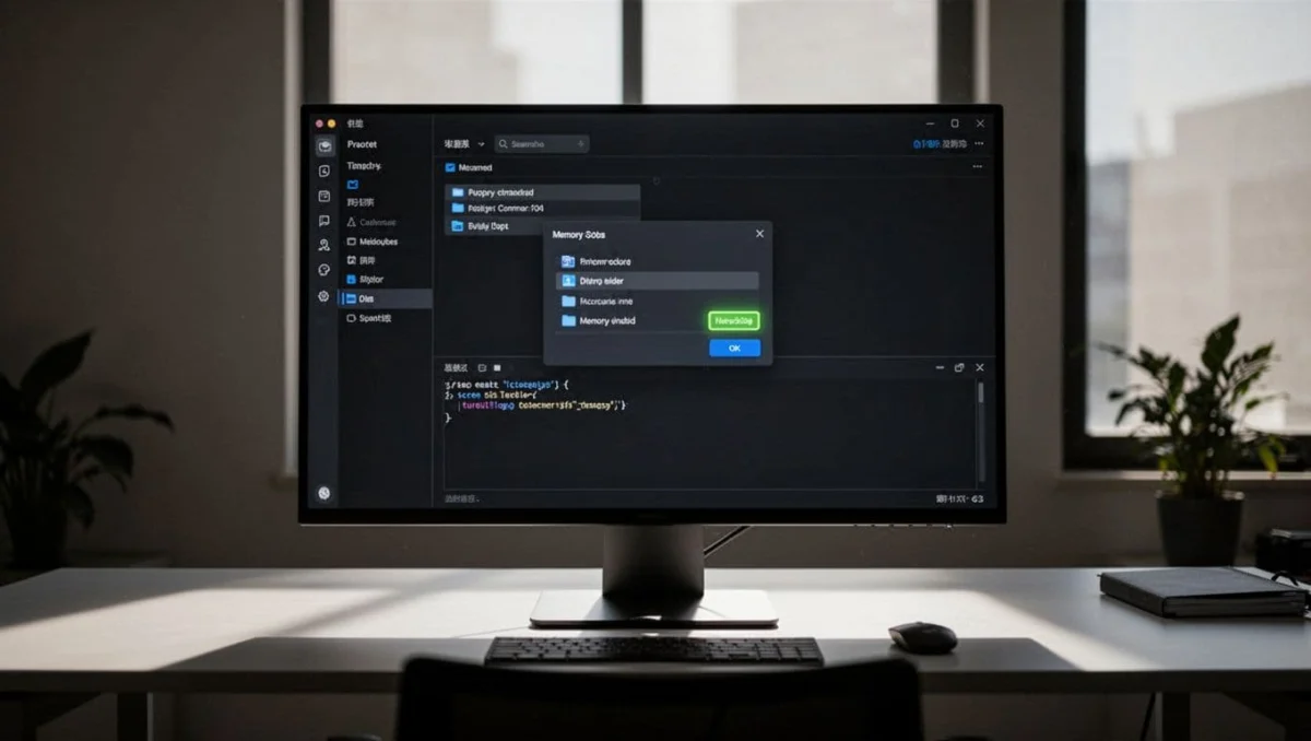 Computer screen in modern office showing Claude Cowork project setup with new project sidebar, folder selection dialog, memory enabled indicator, and CLAUDE.md editor in dark mode.