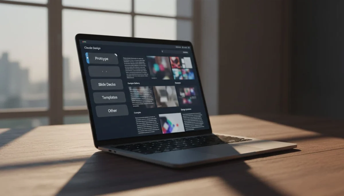 Modern laptop screen displaying Claude Design web interface homepage with Prototype, Slide Decks, Templates, and Other tabs on the left, and designs gallery on the right. Positioned on a wooden desk near a window with natural light, cinematic style, strong contrast, depth of field, and dramatic side lighting.