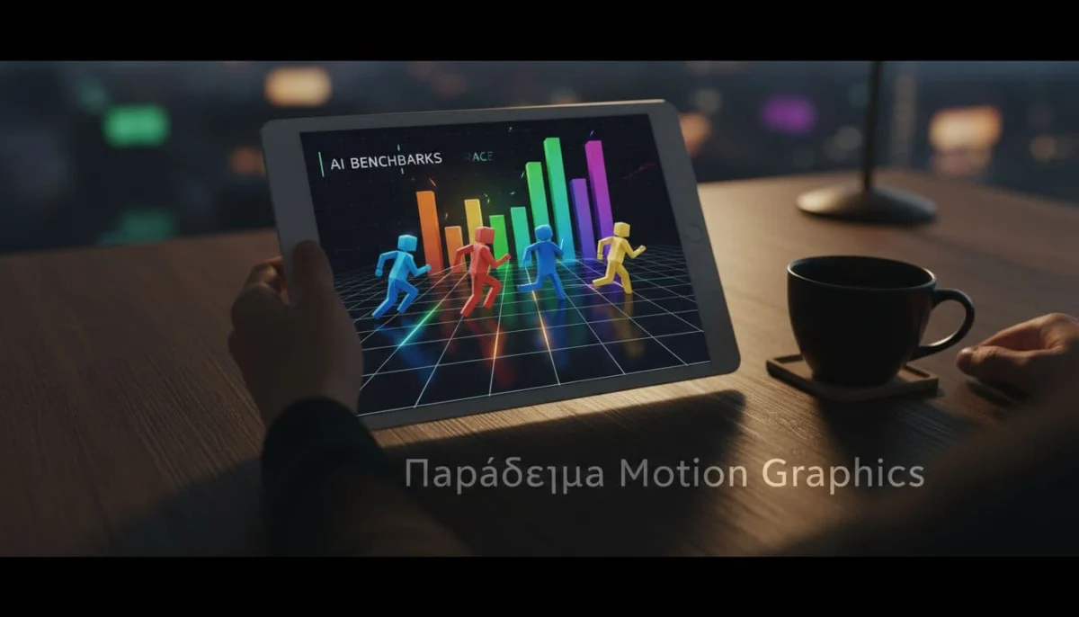 Blocky humanoid figures race in colorful animated data visualization for AI benchmarks, displayed on a tablet held naturally on a modern desk with coffee mug.