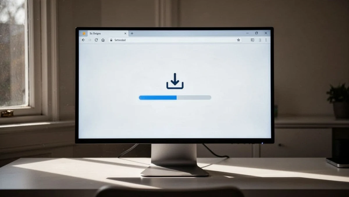 Hands-free cinematic view of a clean desk setup with a single computer screen showing a browser download page for open-source software, illuminated by ambient window light with strong contrast, depth, and dramatic lighting. No people, hands, devices, text, logos, or watermarks visible.
