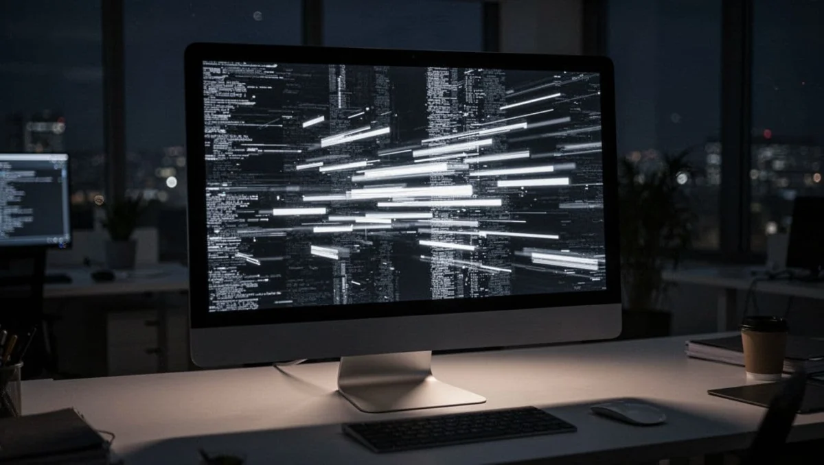 A sleek modern desktop computer screen showing a file scanning interface with progress bar and file lists, dim office setting at night, close-up composition on screen glow, cinematic style with strong contrast, depth of field, dramatic lighting from screen, exactly one computer no people no extra devices, no readable text no logos no watermarks no UI details