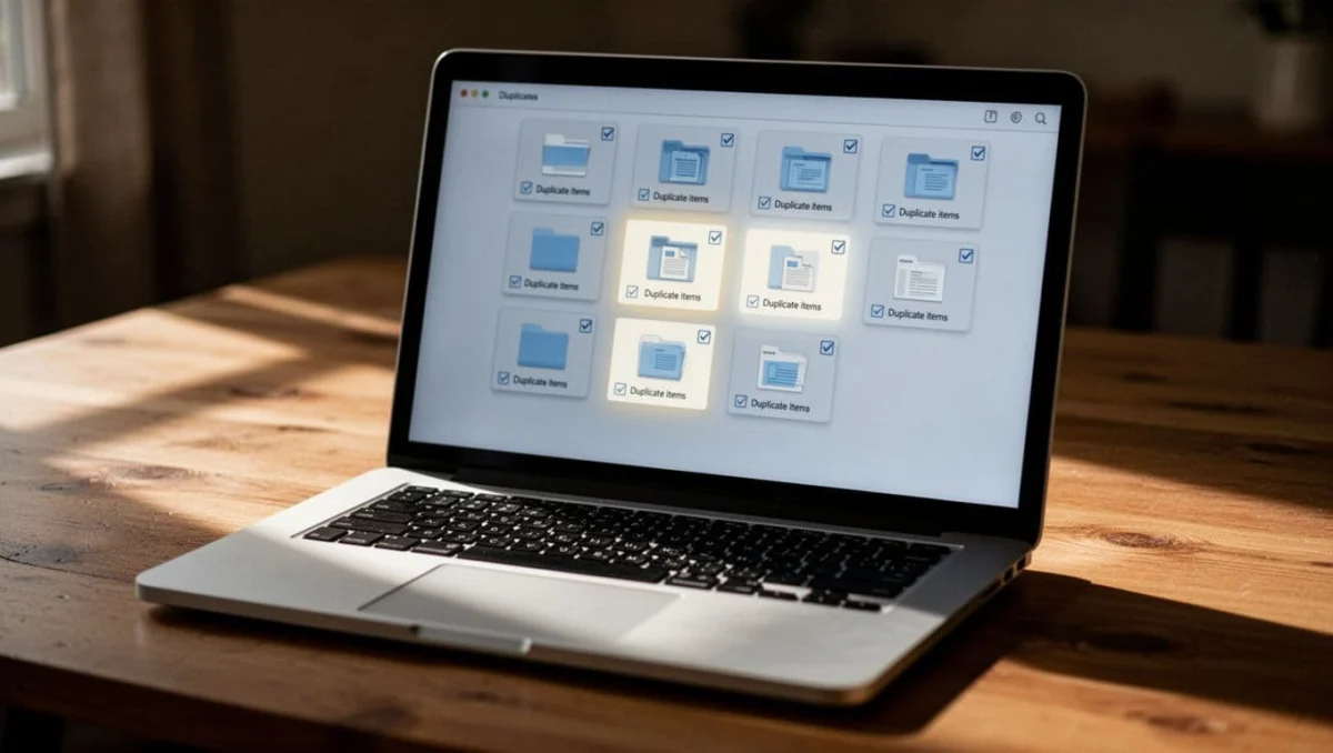 Close view of a laptop screen listing duplicate files with checkboxes on a wooden desk background, soft shadows, focused glow on highlighted duplicates, cinematic strong contrast and dramatic side lighting.