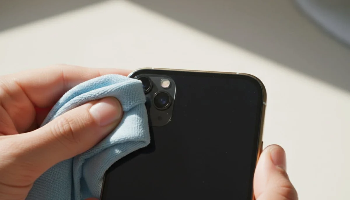 Close-up view of iPhone notch with TrueDepth camera being cleaned using a soft cloth, hands carefully holding the phone in bright natural light with high contrast and realistic details.
