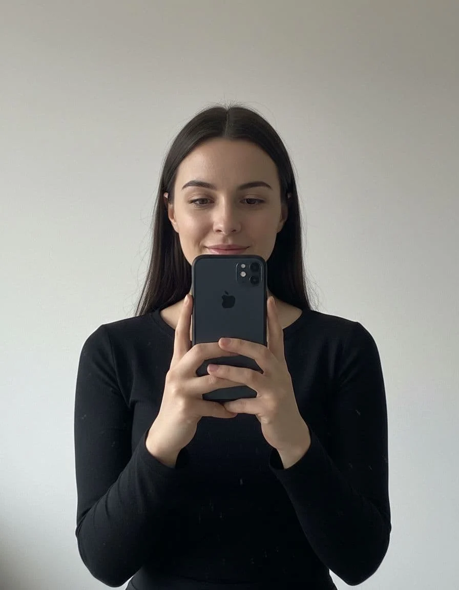 Person holding iPhone upright in front of face, looking straight at screen with light smile, natural distance, clear face, bright room, realistic high contrast dramatic light.