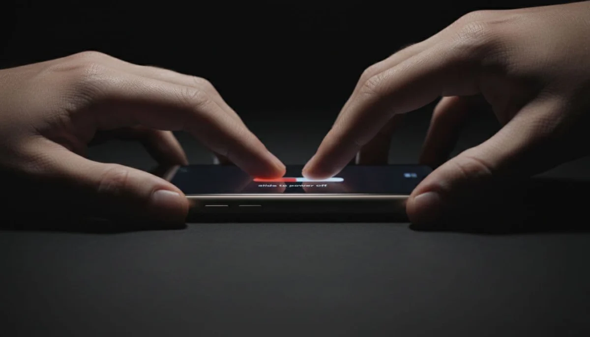 Hands pressing volume up, down, and side buttons on an iPhone during forced restart, with screen displaying 'slide to power off' on a dark background with dramatic lighting. Realistic composition with one phone and two hands, no visible text.