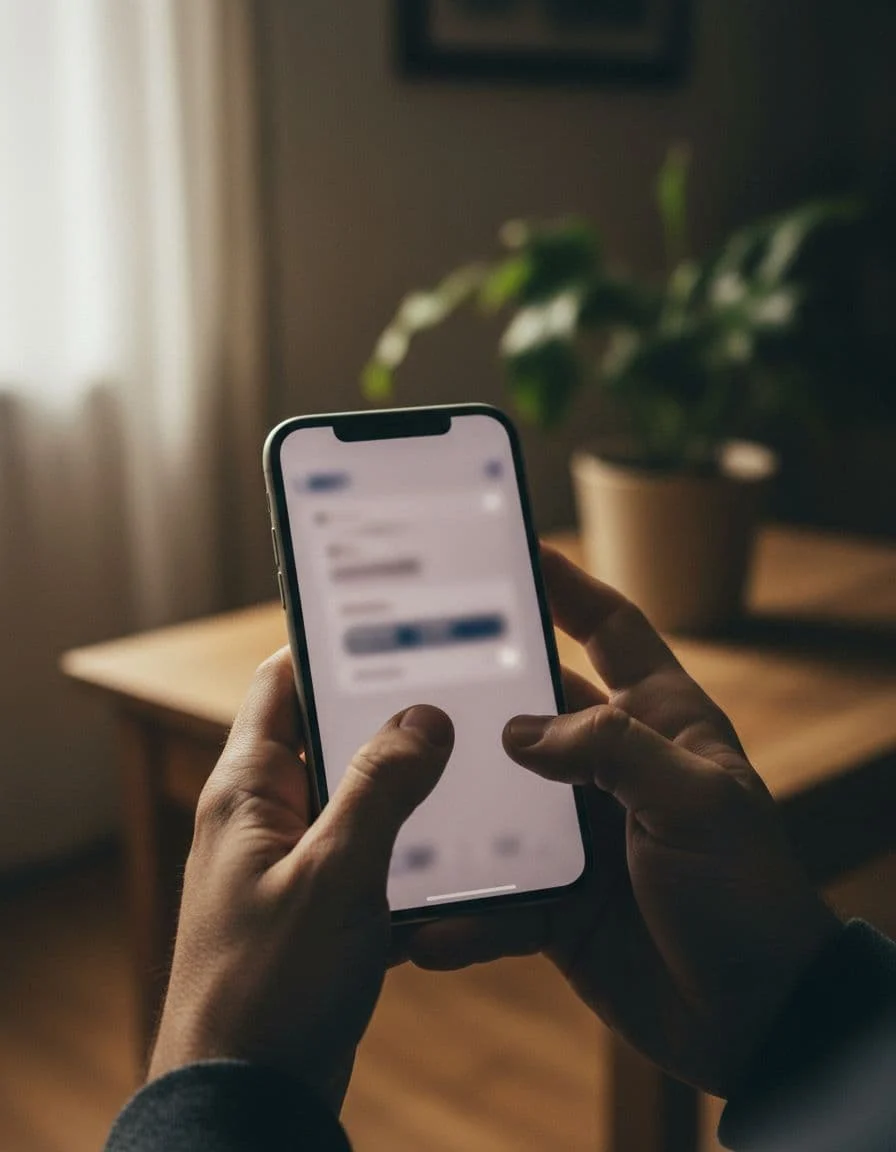 Close-up of two hands holding an iPhone in portrait orientation, with a blurred Settings menu showing Face ID and Passcode options, in a natural indoor setting with soft window light and cinematic dramatic lighting.