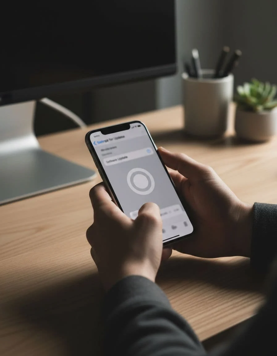 Two hands holding an iPhone displaying a blurred software update screen in the Settings app, set on a modern office desk with natural light and cinematic dramatic lighting. Illustrates checking for iOS updates without readable text or logos.