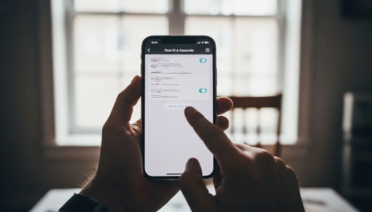 Hands holding an iPhone displaying the blurred Face ID and Passcode settings screen, with a finger tapping the Reset Face ID option in a bright room with natural light and cinematic style.
