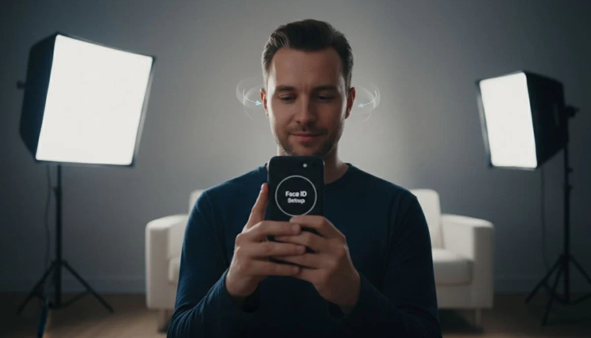 A person sets up Face ID on an iPhone by slowly moving their head in a circle in a bright, well-lit room with no shadows, relaxed pose, and cinematic dramatic lighting.