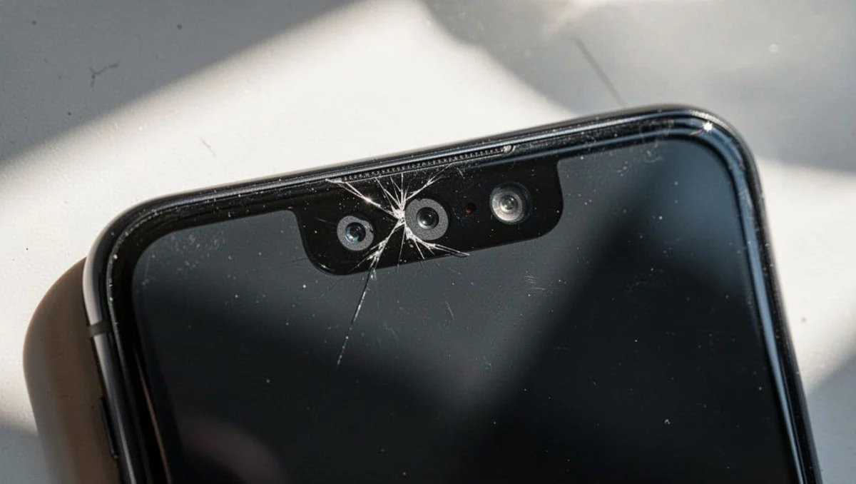 Close-up of iPhone notch area showing damaged TrueDepth camera with subtle cracks and scratches around the front camera and sensors, realistic damage from drop or impact.