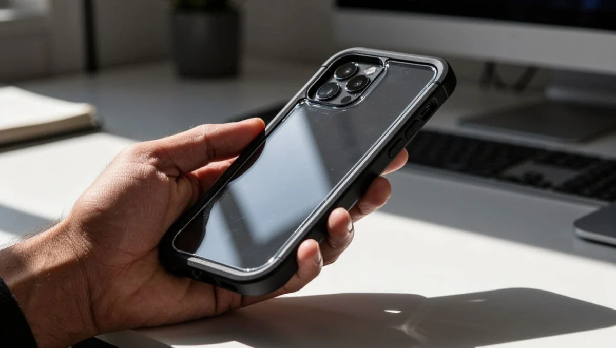 Close-up side view of an iPhone with thick protective case and screen protector partially obstructing the top notch TrueDepth camera sensors, held naturally by hand on a modern desk with cinematic dramatic lighting and high detail.