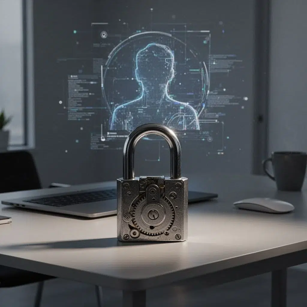 Illustration of a locked padlock on a Facebook profile page background, symbolizing profile security in a minimalist modern room with a laptop nearby, cinematic style with strong contrast and dramatic lighting.