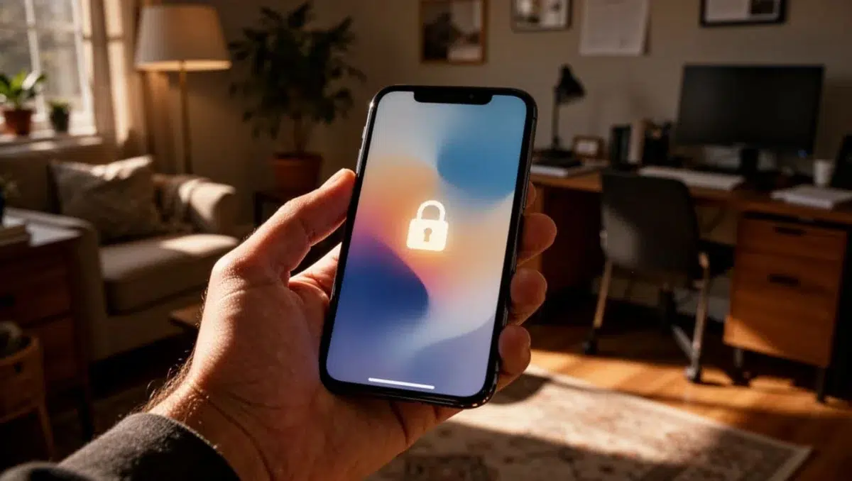 Close-up of one hand holding a smartphone screen displaying abstract Facebook profile privacy settings interface with highlighted lock icon, set in a cozy home office with cinematic style, strong contrast, and dramatic side lighting.