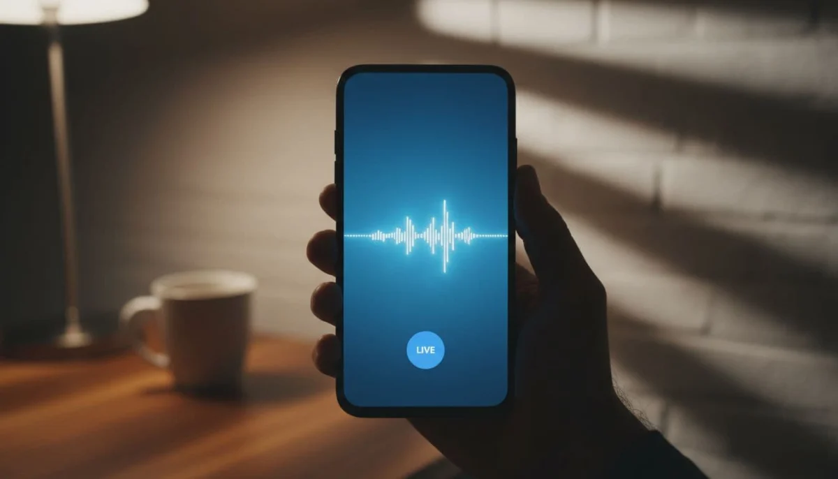 Hand holds modern Android smartphone displaying Gemini app with activated blue Live button and speech waveform.