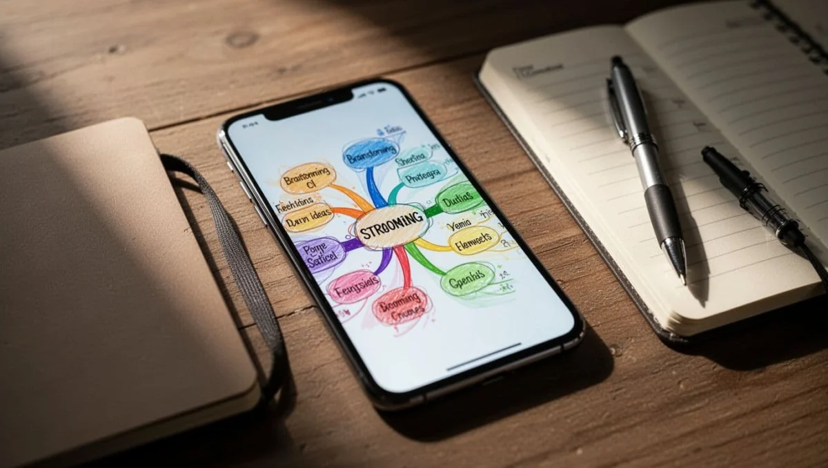 Smartphone screen shows Gemini Live mind map brainstorming visualization on desk with notebook and pen under dramatic overhead lighting.