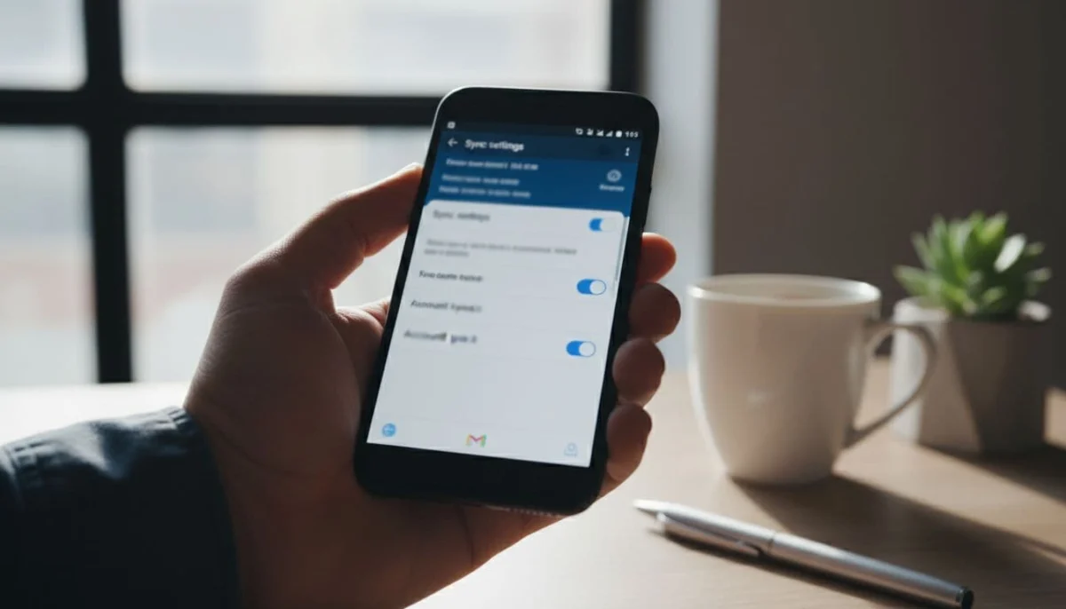 Android smartphone held naturally in one hand, screen showing blurred Gmail app settings menu with sync options, on a modern desk with coffee mug nearby, cinematic style with dramatic side lighting and depth of field.