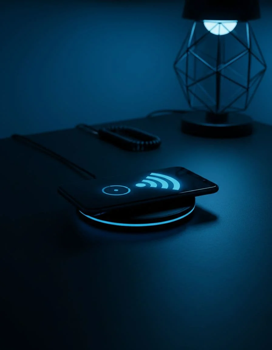 Close-up of Android phone screen showing internet connection check with WiFi icon, on wireless charger in minimalist tech setup, cinematic high contrast, deep shadows, cool blue dramatic lighting, no people or text.