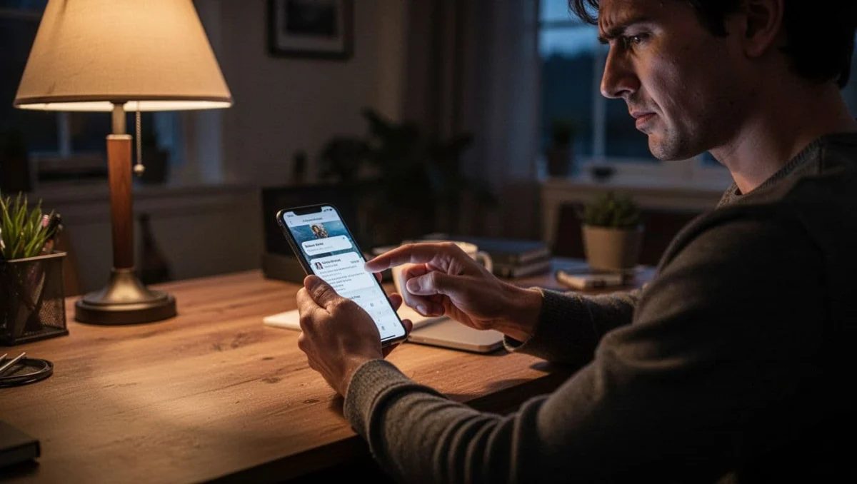 A person with a mildly frustrated expression sits at a wooden table in a cozy home office at dusk, using one hand to navigate an Android phone screen showing the blurred Gmail app info page for clearing cache. Cinematic style with strong contrast and dramatic warm lamp lighting, no text or extra objects visible.