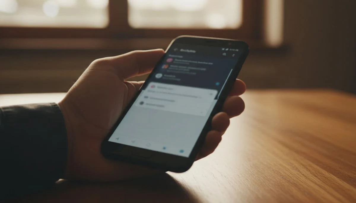 Close-up cinematic view of an Android smartphone screen showing Google Photos backup settings page, held naturally by one hand on a wooden table with soft indoor lighting, strong contrast, and dramatic depth.